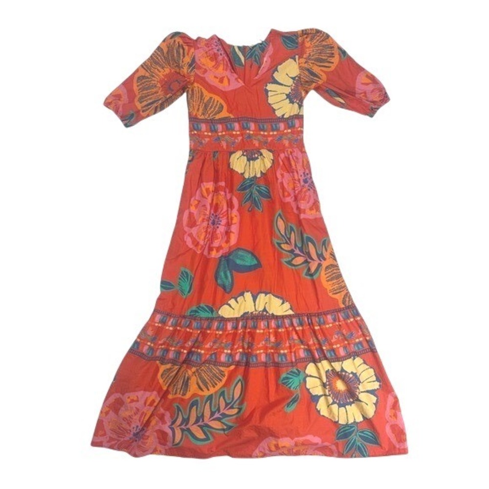 Maude Vivante Molly Floral Print Maxi Dress V-Neck Mandarin Red size Small